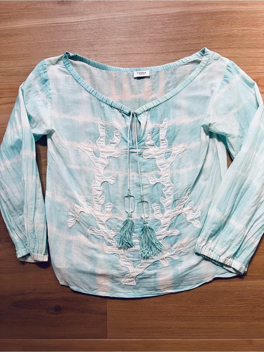 Tashia London Tie Dye Coral Tunic Top Beaded Tassels Resort Boho Small